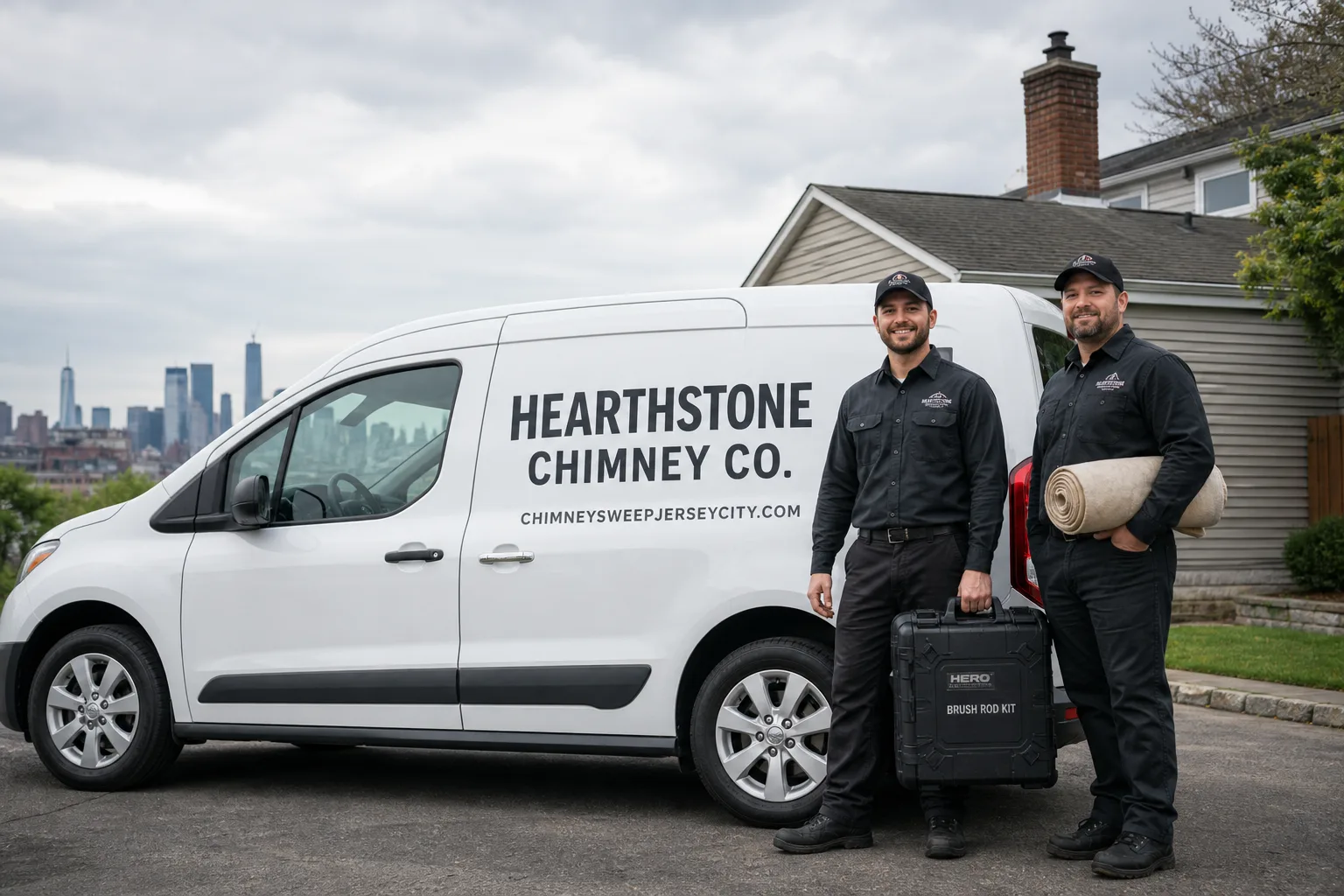 Hearthstone Chimney Co. chimney cleaning service vehicle and crew in Jersey City, NJ